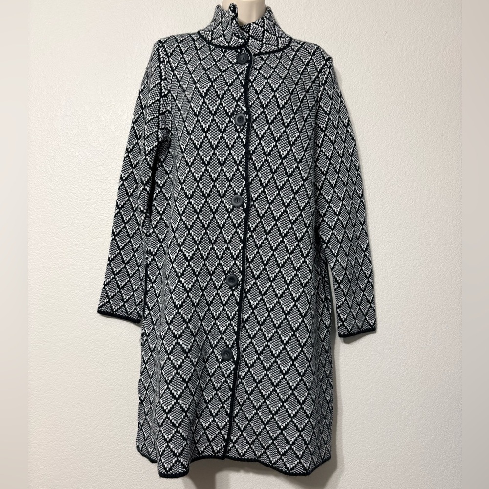Chic Black and White Diamond Patterned Knit Wool Blend Longline Cardigan/Coat. M